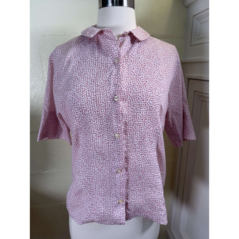 Vintage 70s Pressed Forever Blouse Womens S Pink Floral Pintuck Short Sleeve USA
